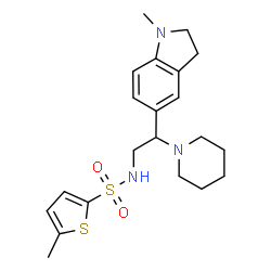 ChemSpider 2D Image | 5-Methyl-N-[2-(1-methyl-2,3-dihydro-1H-indol-5-yl)-2-(1-piperidinyl)ethyl]-2-thiophenesulfonamide | C21H29N3O2S2