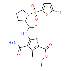 ChemSpider 2D Image | Ethyl 4-carbamoyl-5-({1-[(5-chloro-2-thienyl)sulfonyl]prolyl}amino)-3-methyl-2-thiophenecarboxylate | C18H20ClN3O6S3