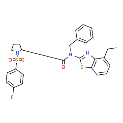 ChemSpider 2D Image | N-Benzyl-N-(4-ethyl-1,3-benzothiazol-2-yl)-1-[(4-fluorophenyl)sulfonyl]prolinamide | C27H26FN3O3S2