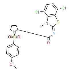 ChemSpider 2D Image | (E)-N-(4,7-Dichloro-3-methyl-1,3-benzothiazol-2(3H)-ylidene)-1-[(4-methoxyphenyl)sulfonyl]prolinamide | C20H19Cl2N3O4S2