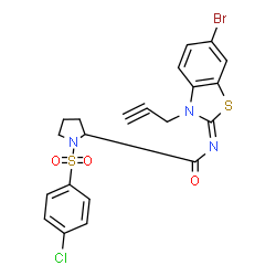 ChemSpider 2D Image | (E)-N-[6-Bromo-3-(2-propyn-1-yl)-1,3-benzothiazol-2(3H)-ylidene]-1-[(4-chlorophenyl)sulfonyl]prolinamide | C21H17BrClN3O3S2