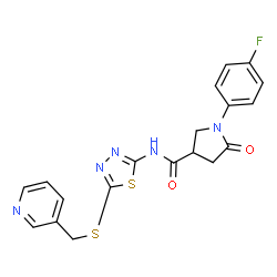 ChemSpider 2D Image | 1-(4-Fluorophenyl)-5-oxo-N-{5-[(3-pyridinylmethyl)sulfanyl]-1,3,4-thiadiazol-2-yl}-3-pyrrolidinecarboxamide | C19H16FN5O2S2