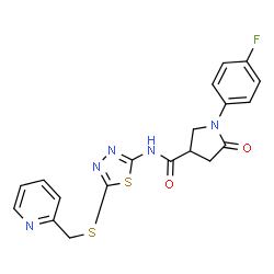 ChemSpider 2D Image | 1-(4-Fluorophenyl)-5-oxo-N-{5-[(2-pyridinylmethyl)sulfanyl]-1,3,4-thiadiazol-2-yl}-3-pyrrolidinecarboxamide | C19H16FN5O2S2