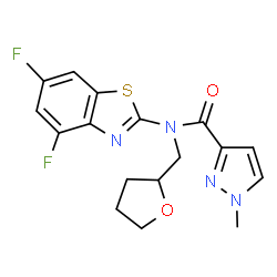 ChemSpider 2D Image | N-(4,6-Difluoro-1,3-benzothiazol-2-yl)-1-methyl-N-(tetrahydro-2-furanylmethyl)-1H-pyrazole-3-carboxamide | C17H16F2N4O2S