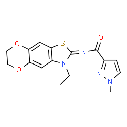 ChemSpider 2D Image | N-(3-Ethyl-6,7-dihydro[1,4]dioxino[2,3-f][1,3]benzothiazol-2(3H)-ylidene)-1-methyl-1H-pyrazole-3-carboxamide | C16H16N4O3S