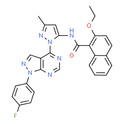 ChemSpider 2D Image | 2-Ethoxy-N-{1-[1-(4-fluorophenyl)-1H-pyrazolo[3,4-d]pyrimidin-4-yl]-3-methyl-1H-pyrazol-5-yl}-1-naphthamide | C28H22FN7O2