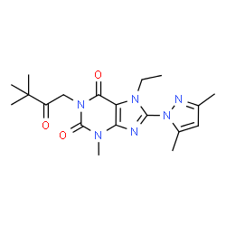 ChemSpider 2D Image | 1-(3,3-Dimethyl-2-oxobutyl)-8-(3,5-dimethyl-1H-pyrazol-1-yl)-7-ethyl-3-methyl-3,7-dihydro-1H-purine-2,6-dione | C19H26N6O3