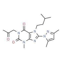 ChemSpider 2D Image | 8-(3,5-Dimethyl-1H-pyrazol-1-yl)-3-methyl-7-(3-methylbutyl)-1-(2-oxopropyl)-3,7-dihydro-1H-purine-2,6-dione | C19H26N6O3