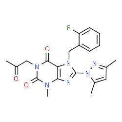 ChemSpider 2D Image | 8-(3,5-Dimethyl-1H-pyrazol-1-yl)-7-(2-fluorobenzyl)-3-methyl-1-(2-oxopropyl)-3,7-dihydro-1H-purine-2,6-dione | C21H21FN6O3