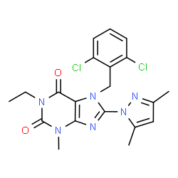 ChemSpider 2D Image | 7-(2,6-Dichlorobenzyl)-8-(3,5-dimethyl-1H-pyrazol-1-yl)-1-ethyl-3-methyl-3,7-dihydro-1H-purine-2,6-dione | C20H20Cl2N6O2
