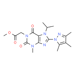 ChemSpider 2D Image | Methyl [7-isopropyl-3-methyl-2,6-dioxo-8-(3,4,5-trimethyl-1H-pyrazol-1-yl)-2,3,6,7-tetrahydro-1H-purin-1-yl]acetate | C18H24N6O4