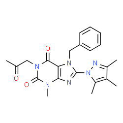 ChemSpider 2D Image | 7-Benzyl-3-methyl-1-(2-oxopropyl)-8-(3,4,5-trimethyl-1H-pyrazol-1-yl)-3,7-dihydro-1H-purine-2,6-dione | C22H24N6O3