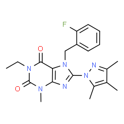 ChemSpider 2D Image | 1-Ethyl-7-(2-fluorobenzyl)-3-methyl-8-(3,4,5-trimethyl-1H-pyrazol-1-yl)-3,7-dihydro-1H-purine-2,6-dione | C21H23FN6O2