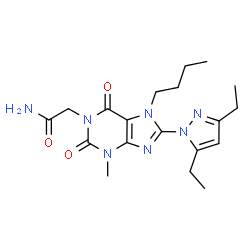ChemSpider 2D Image | 2-[7-Butyl-8-(3,5-diethyl-1H-pyrazol-1-yl)-3-methyl-2,6-dioxo-2,3,6,7-tetrahydro-1H-purin-1-yl]acetamide | C19H27N7O3