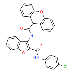ChemSpider 2D Image | N-{2-[(4-Chlorophenyl)carbamoyl]-1-benzofuran-3-yl}-9H-xanthene-9-carboxamide | C29H19ClN2O4