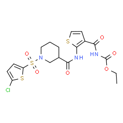 ChemSpider 2D Image | Ethyl ({2-[({1-[(5-chloro-2-thienyl)sulfonyl]-3-piperidinyl}carbonyl)amino]-3-thienyl}carbonyl)carbamate | C18H20ClN3O6S3