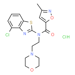 ChemSpider 2D Image | N-(4-Chloro-1,3-benzothiazol-2-yl)-3-methyl-N-[2-(4-morpholinyl)ethyl]-1,2-oxazole-5-carboxamide hydrochloride (1:1) | C18H20Cl2N4O3S