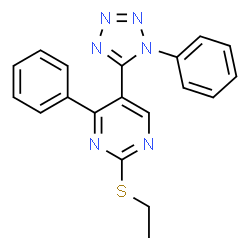 ChemSpider 2D Image | 2-(Ethylsulfanyl)-4-phenyl-5-(1-phenyl-1H-tetrazol-5-yl)pyrimidine | C19H16N6S