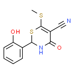 ChemSpider 2D Image | 2-(2-hydroxyphenyl)-6-(methylthio)-4-oxo-3,4-dihydro-2H-1,3-thiazine-5-carbonitrile | C12H10N2O2S2