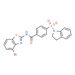 ChemSpider 2D Image | N-(4-Bromo-1,3-benzothiazol-2-yl)-4-(2,3-dihydro-1H-indol-1-ylsulfonyl)benzamide | C22H16BrN3O3S2