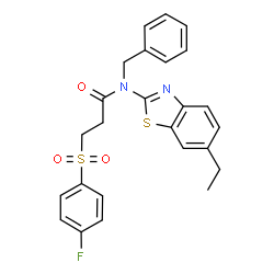 ChemSpider 2D Image | N-Benzyl-N-(6-ethyl-1,3-benzothiazol-2-yl)-3-[(4-fluorophenyl)sulfonyl]propanamide | C25H23FN2O3S2
