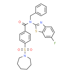 ChemSpider 2D Image | 4-(1-Azepanylsulfonyl)-N-benzyl-N-(6-fluoro-1,3-benzothiazol-2-yl)benzamide | C27H26FN3O3S2