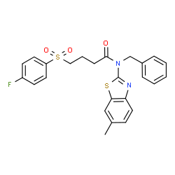 ChemSpider 2D Image | N-Benzyl-4-[(4-fluorophenyl)sulfonyl]-N-(6-methyl-1,3-benzothiazol-2-yl)butanamide | C25H23FN2O3S2