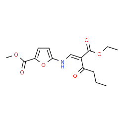 ChemSpider 2D Image | methyl 5-{[2-(ethoxycarbonyl)-3-oxohex-1-enyl]amino}-2-furoate | C15H19NO6