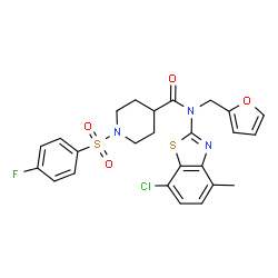 ChemSpider 2D Image | N-(7-Chloro-4-methyl-1,3-benzothiazol-2-yl)-1-[(4-fluorophenyl)sulfonyl]-N-(2-furylmethyl)-4-piperidinecarboxamide | C25H23ClFN3O4S2