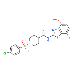 ChemSpider 2D Image | N-(7-Chloro-4-methoxy-1,3-benzothiazol-2-yl)-1-[(4-chlorophenyl)sulfonyl]-4-piperidinecarboxamide | C20H19Cl2N3O4S2