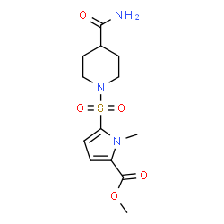ChemSpider 2D Image | Methyl 5-[(4-carbamoyl-1-piperidinyl)sulfonyl]-1-methyl-1H-pyrrole-2-carboxylate | C13H19N3O5S