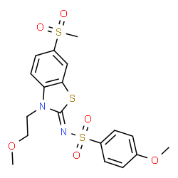 ChemSpider 2D Image | 4-Methoxy-N-[(2Z)-3-(2-methoxyethyl)-6-(methylsulfonyl)-1,3-benzothiazol-2(3H)-ylidene]benzenesulfonamide | C18H20N2O6S3