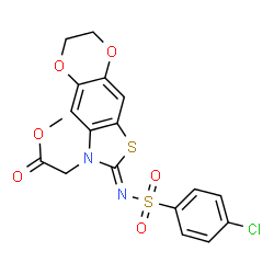 ChemSpider 2D Image | Methyl [(2Z)-2-{[(4-chlorophenyl)sulfonyl]imino}-6,7-dihydro[1,4]dioxino[2,3-f][1,3]benzothiazol-3(2H)-yl]acetate | C18H15ClN2O6S2