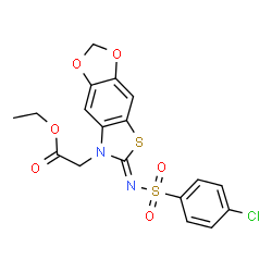 ChemSpider 2D Image | Ethyl [(6Z)-6-{[(4-chlorophenyl)sulfonyl]imino}[1,3]dioxolo[4,5-f][1,3]benzothiazol-7(6H)-yl]acetate | C18H15ClN2O6S2