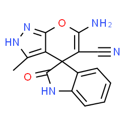 ChemSpider 2D Image | 6'-amino-3'-methyl-2-oxo-1H,2'H-spiro[indole-3,4'-pyrano[2,3-c]pyrazole]-5'-carbonitrile | C15H11N5O2