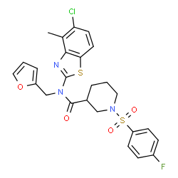 ChemSpider 2D Image | N-(5-Chloro-4-methyl-1,3-benzothiazol-2-yl)-1-[(4-fluorophenyl)sulfonyl]-N-(2-furylmethyl)-3-piperidinecarboxamide | C25H23ClFN3O4S2