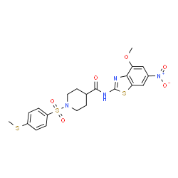 ChemSpider 2D Image | N-(4-Methoxy-6-nitro-1,3-benzothiazol-2-yl)-1-{[4-(methylsulfanyl)phenyl]sulfonyl}-4-piperidinecarboxamide | C21H22N4O6S3