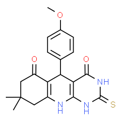 ChemSpider 2D Image | 5-(4-Methoxyphenyl)-8,8-dimethyl-2-thioxo-2,3,5,8,9,10-hexahydropyrimido[4,5-b]quinoline-4,6(1H,7H)-dione | C20H21N3O3S
