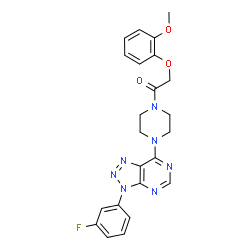 ChemSpider 2D Image | 1-{4-[3-(3-Fluorophenyl)-3H-[1,2,3]triazolo[4,5-d]pyrimidin-7-yl]-1-piperazinyl}-2-(2-methoxyphenoxy)ethanone | C23H22FN7O3
