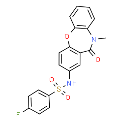 ChemSpider 2D Image | 4-Fluoro-N-(10-methyl-11-oxo-10,11-dihydrodibenzo[b,f][1,4]oxazepin-2-yl)benzenesulfonamide | C20H15FN2O4S