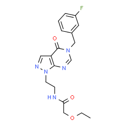 ChemSpider 2D Image | 2-Ethoxy-N-{2-[5-(3-fluorobenzyl)-4-oxo-4,5-dihydro-1H-pyrazolo[3,4-d]pyrimidin-1-yl]ethyl}acetamide | C18H20FN5O3