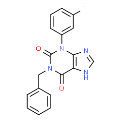 ChemSpider 2D Image | 1-Benzyl-3-(3-fluorophenyl)-3,7-dihydro-1H-purine-2,6-dione | C18H13FN4O2