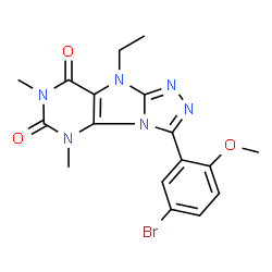 ChemSpider 2D Image | 3-(5-Bromo-2-methoxyphenyl)-9-ethyl-5,7-dimethyl-5,9-dihydro-6H-[1,2,4]triazolo[4,3-e]purine-6,8(7H)-dione | C17H17BrN6O3