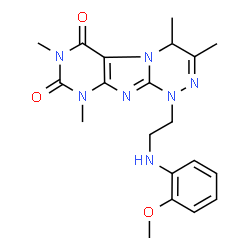 ChemSpider 2D Image | 1-{2-[(2-Methoxyphenyl)amino]ethyl}-3,4,7,9-tetramethyl-1,4-dihydro[1,2,4]triazino[3,4-f]purine-6,8(7H,9H)-dione | C20H25N7O3