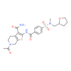 ChemSpider 2D Image | 6-Acetyl-2-({4-[methyl(tetrahydro-2-furanylmethyl)sulfamoyl]benzoyl}amino)-4,5,6,7-tetrahydrothieno[2,3-c]pyridine-3-carboxamide | C23H28N4O6S2