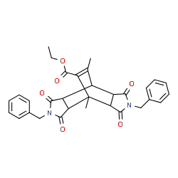 ChemSpider 2D Image | Ethyl 4,10-dibenzyl-1,14-dimethyl-3,5,9,11-tetraoxo-4,10-diazatetracyclo[5.5.2.0~2,6~.0~8,12~]tetradec-13-ene-13-carboxylate | C31H30N2O6