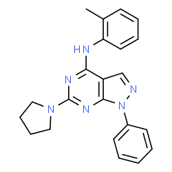 ChemSpider 2D Image | N-(2-Methylphenyl)-1-phenyl-6-(1-pyrrolidinyl)-1H-pyrazolo[3,4-d]pyrimidin-4-amine | C22H22N6
