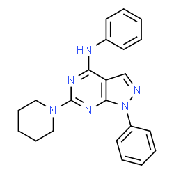 ChemSpider 2D Image | N,1-Diphenyl-6-(1-piperidinyl)-1H-pyrazolo[3,4-d]pyrimidin-4-amine | C22H22N6