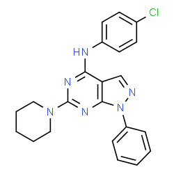 ChemSpider 2D Image | N-(4-Chlorophenyl)-1-phenyl-6-(1-piperidinyl)-1H-pyrazolo[3,4-d]pyrimidin-4-amine | C22H21ClN6
