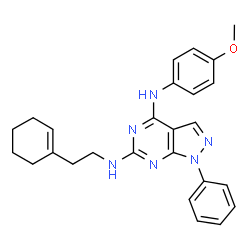 ChemSpider 2D Image | N~6~-[2-(1-Cyclohexen-1-yl)ethyl]-N~4~-(4-methoxyphenyl)-1-phenyl-1H-pyrazolo[3,4-d]pyrimidine-4,6-diamine | C26H28N6O